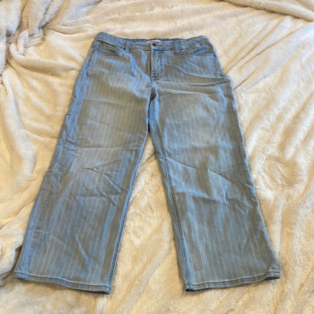 Jen7 cropped wide leg pinstriped jeans.